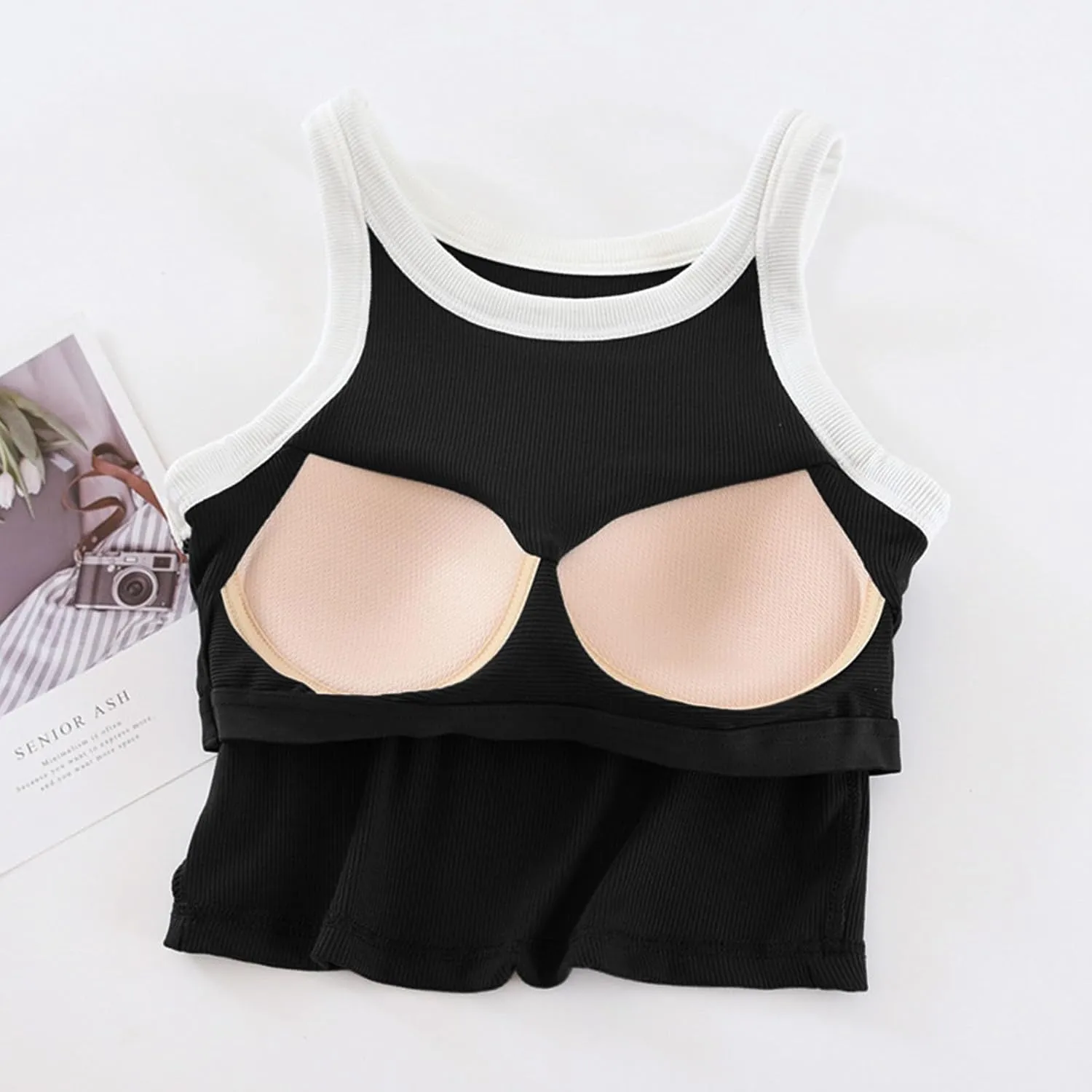 Wmens Crop Tank Tops with Built in Bra Halter High Neck Padded Yoga Shirts Sleeveless Basic Workout Camisoles Tees