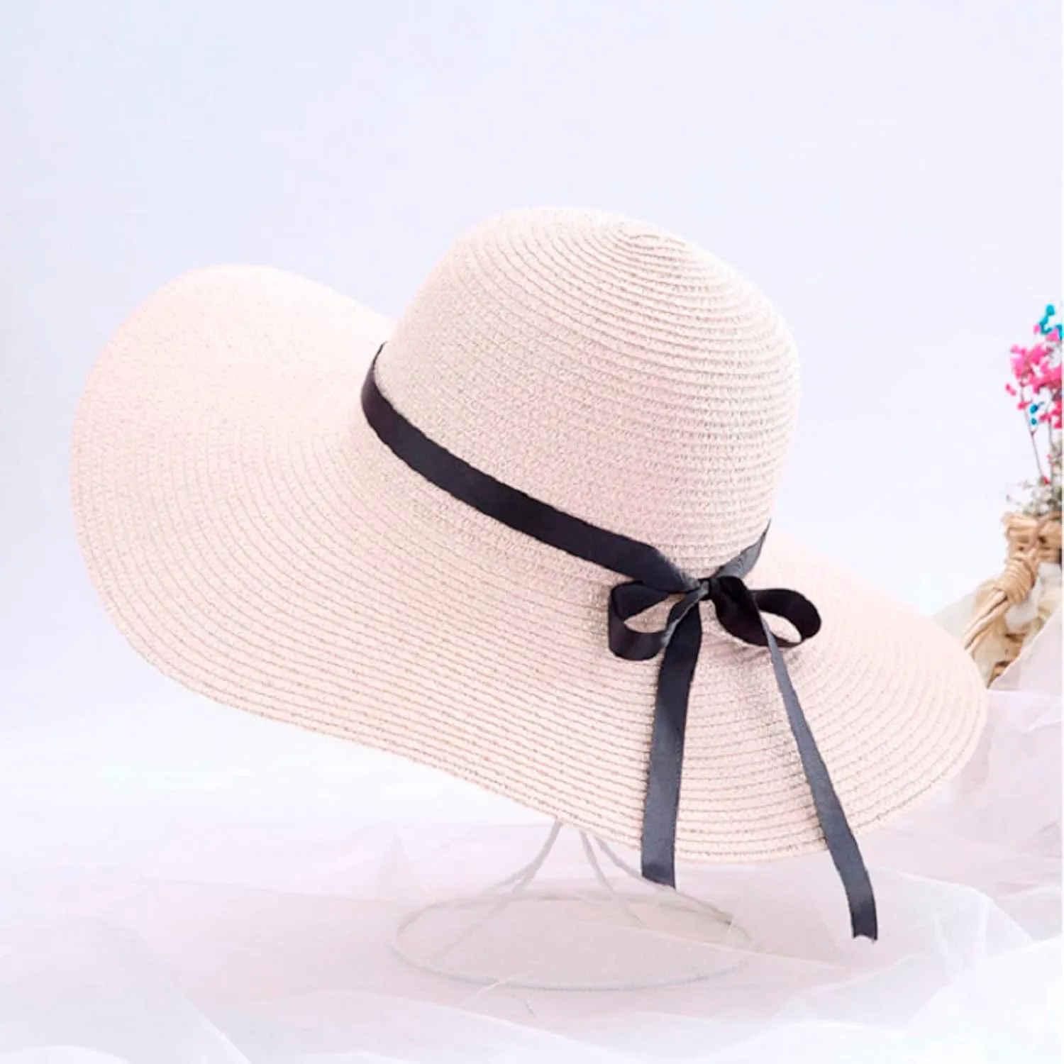 Women Big Brim Straw Hat Sun Floppy Wide Brim Hats Bowknot Folding Beach Cap Big Brimmed Hat Men