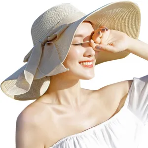 Women Big Brim Straw Hat Sun Floppy Wide Brim Hats New Bowknot Breathable Vintage Fashion Folding Beach caps Gym Clothing