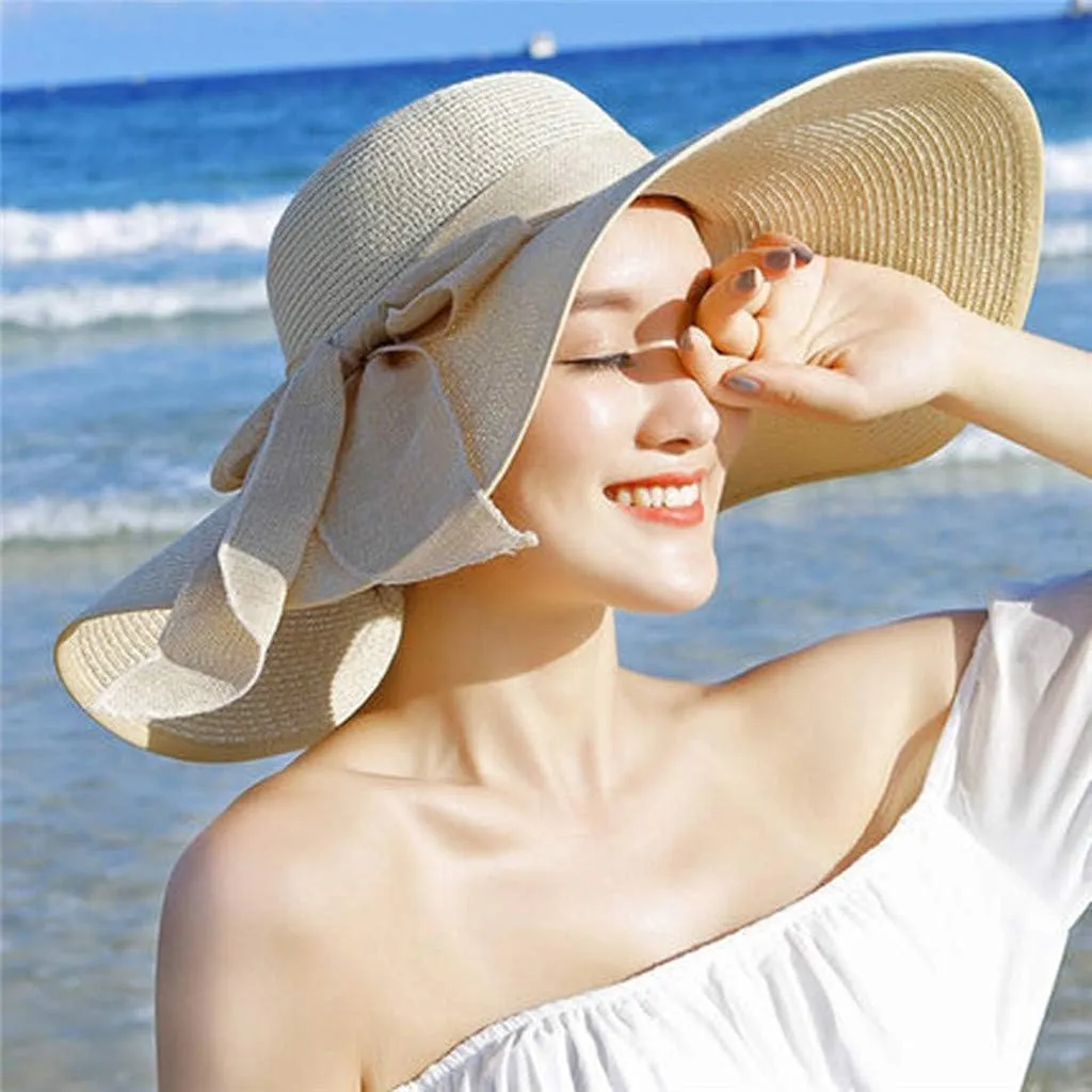 Women Big Brim Straw Hat Sun Floppy Wide Brim Hats New Bowknot Breathable Vintage Fashion Folding Beach caps Gym Clothing