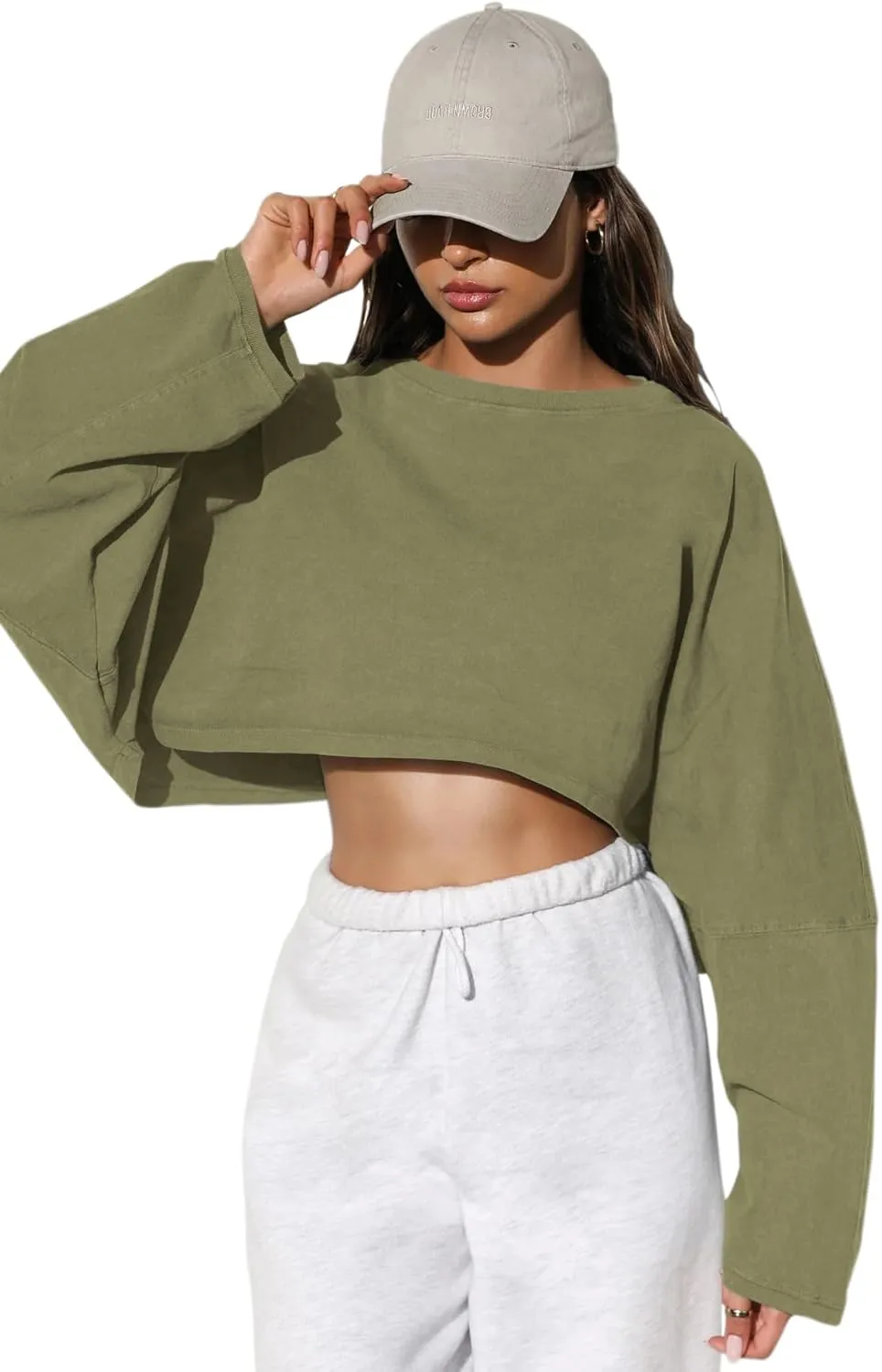 Women Long Sleeve Cropped Sweat Shirts Drop Shoulder Oversized Crewneck Y2k Tees Pullover Tops