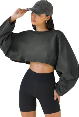 Women Long Sleeve Cropped Sweat Shirts Drop Shoulder Oversized Crewneck Y2k Tees Pullover Tops