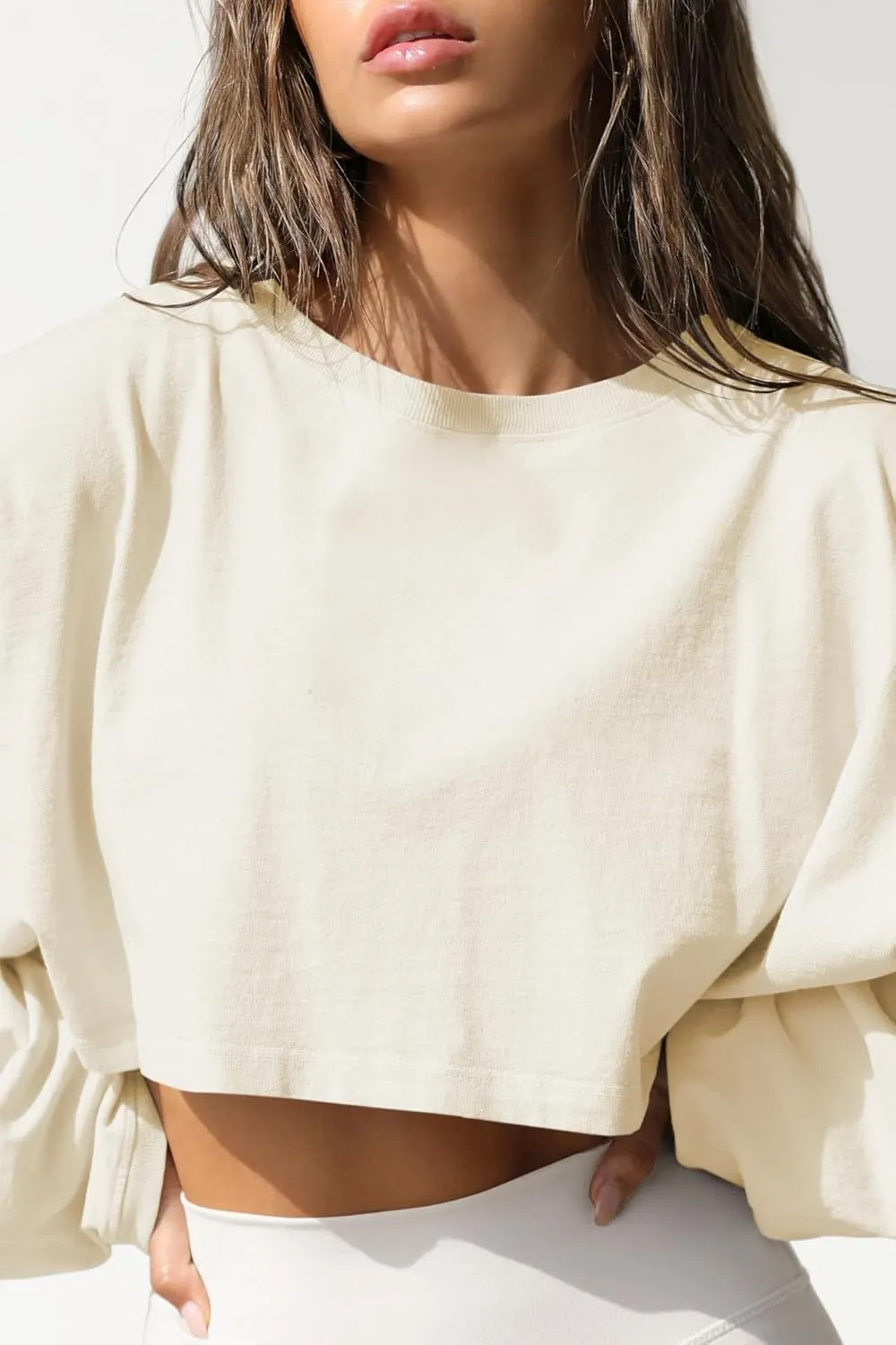 Women Long Sleeve Cropped Sweat Shirts Drop Shoulder Oversized Crewneck Y2k Tees Pullover Tops