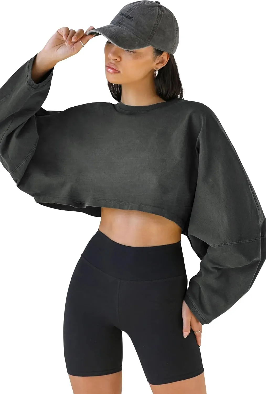 Women Long Sleeve Cropped Sweat Shirts Drop Shoulder Oversized Crewneck Y2k Tees Pullover Tops