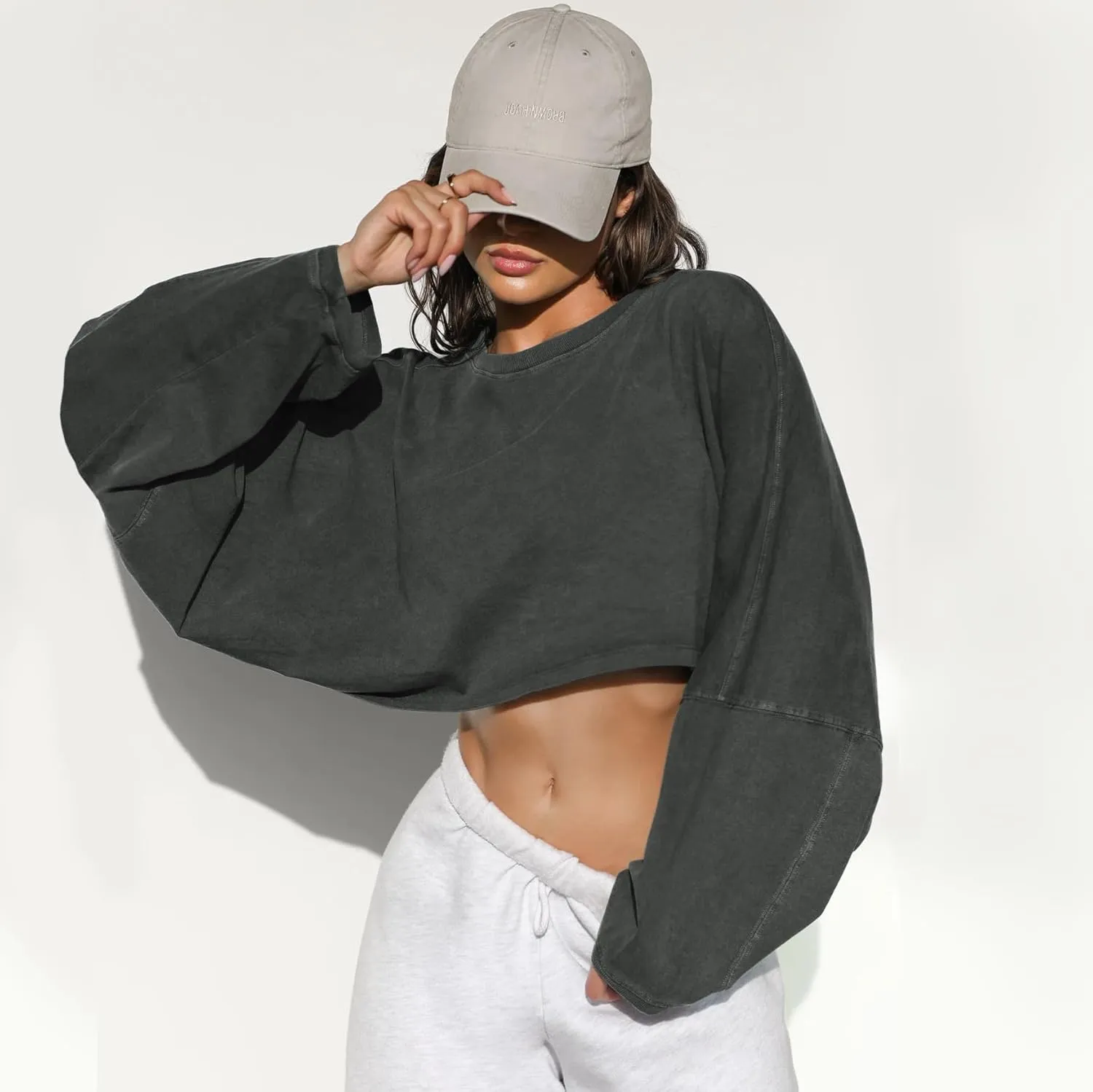 Women Long Sleeve Cropped Sweat Shirts Drop Shoulder Oversized Crewneck Y2k Tees Pullover Tops