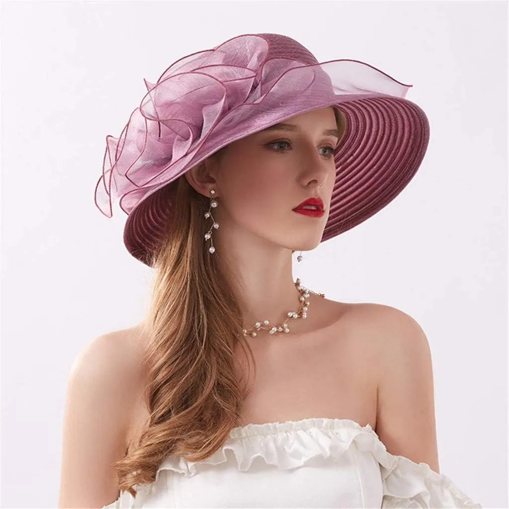 Women Organza-Kentucky Sun Hat Bridal Bow Flower Church-Derby Fascinators Bowler-Hat Wide Brim Wedding Party Cocktail