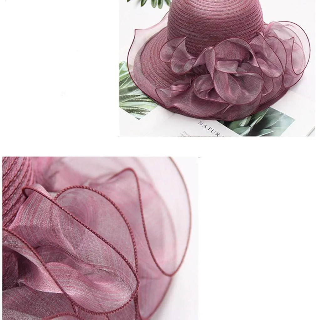 Women Organza-Kentucky Sun Hat Bridal Bow Flower Church-Derby Fascinators Bowler-Hat Wide Brim Wedding Party Cocktail