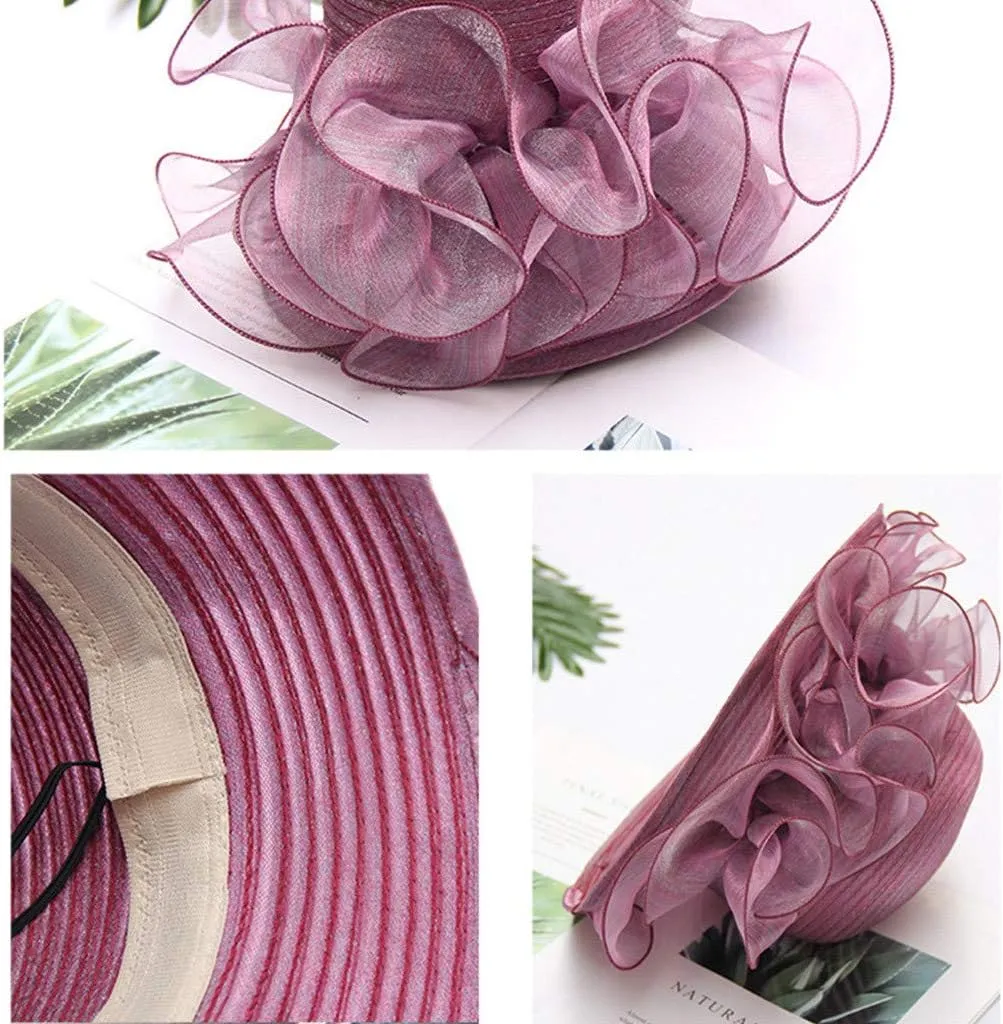 Women Organza-Kentucky Sun Hat Bridal Bow Flower Church-Derby Fascinators Bowler-Hat Wide Brim Wedding Party Cocktail