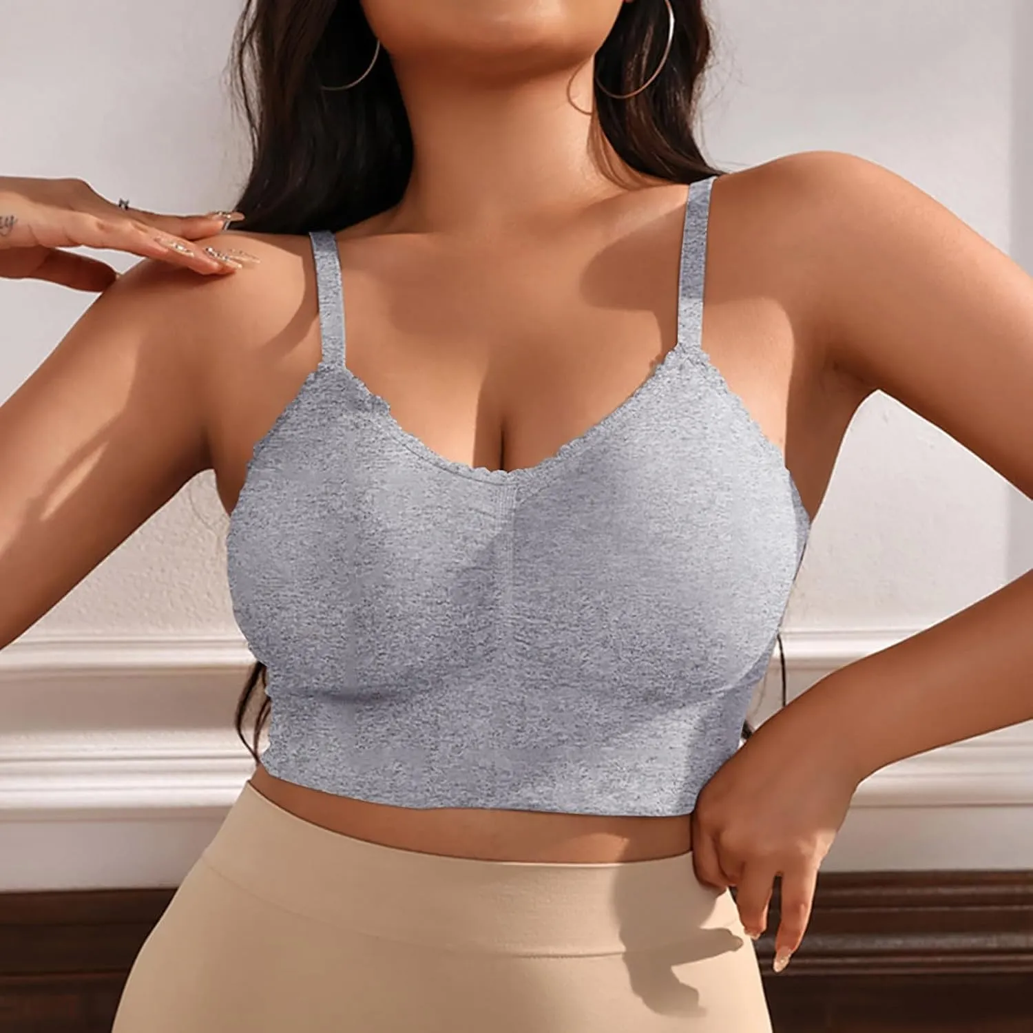 Women Plus Size Spaghetti Strap Cami Sport Bras Push Up Crop Tops Breathable Casual Yoga Cami Tank Tops with Pad