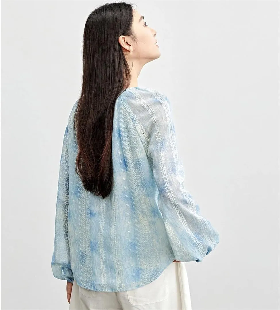 Women Tie Dye Chiffon Blouses Embroidery Tassels V Neck Shirts Long Sleeve Holiday Pullovers Top