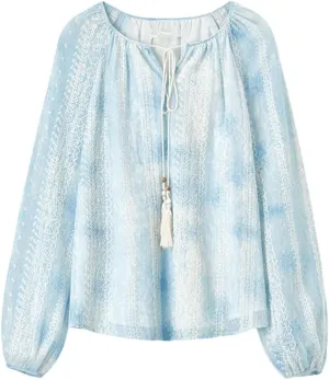 Women Tie Dye Chiffon Blouses Embroidery Tassels V Neck Shirts Long Sleeve Holiday Pullovers Top