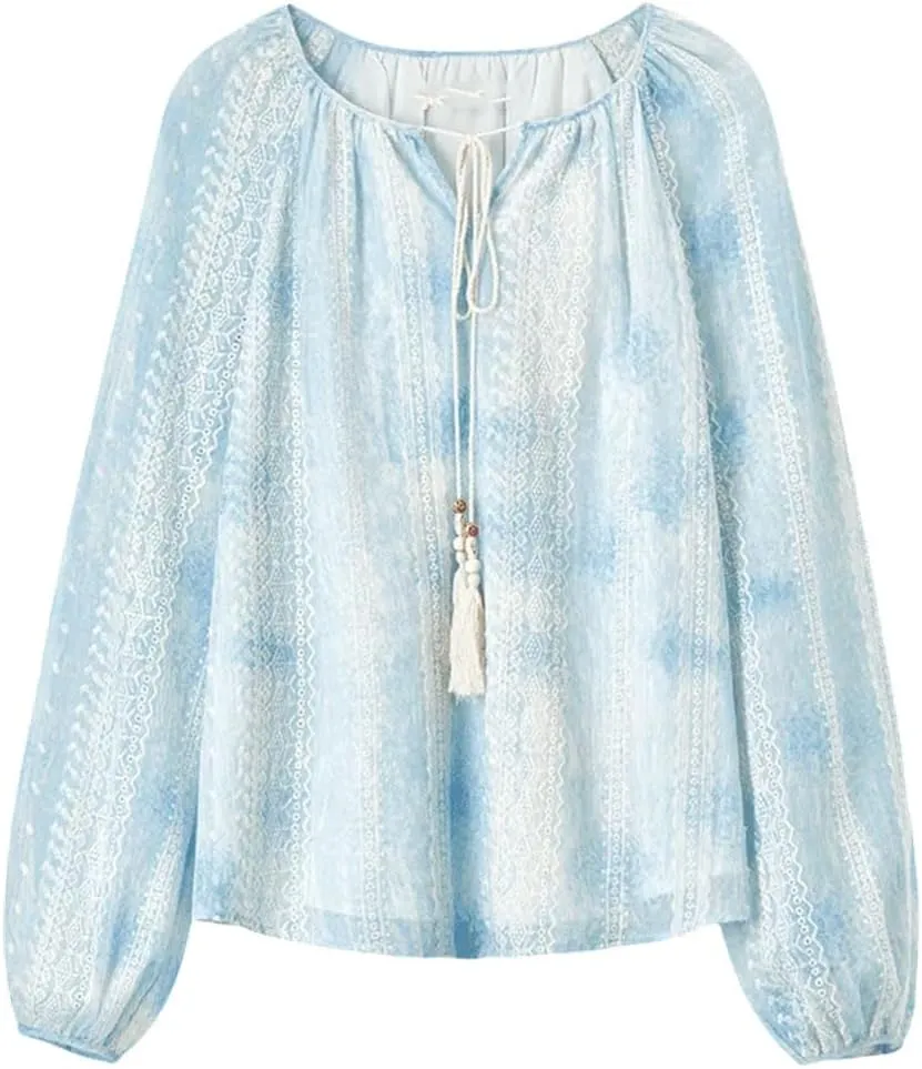 Women Tie Dye Chiffon Blouses Embroidery Tassels V Neck Shirts Long Sleeve Holiday Pullovers Top