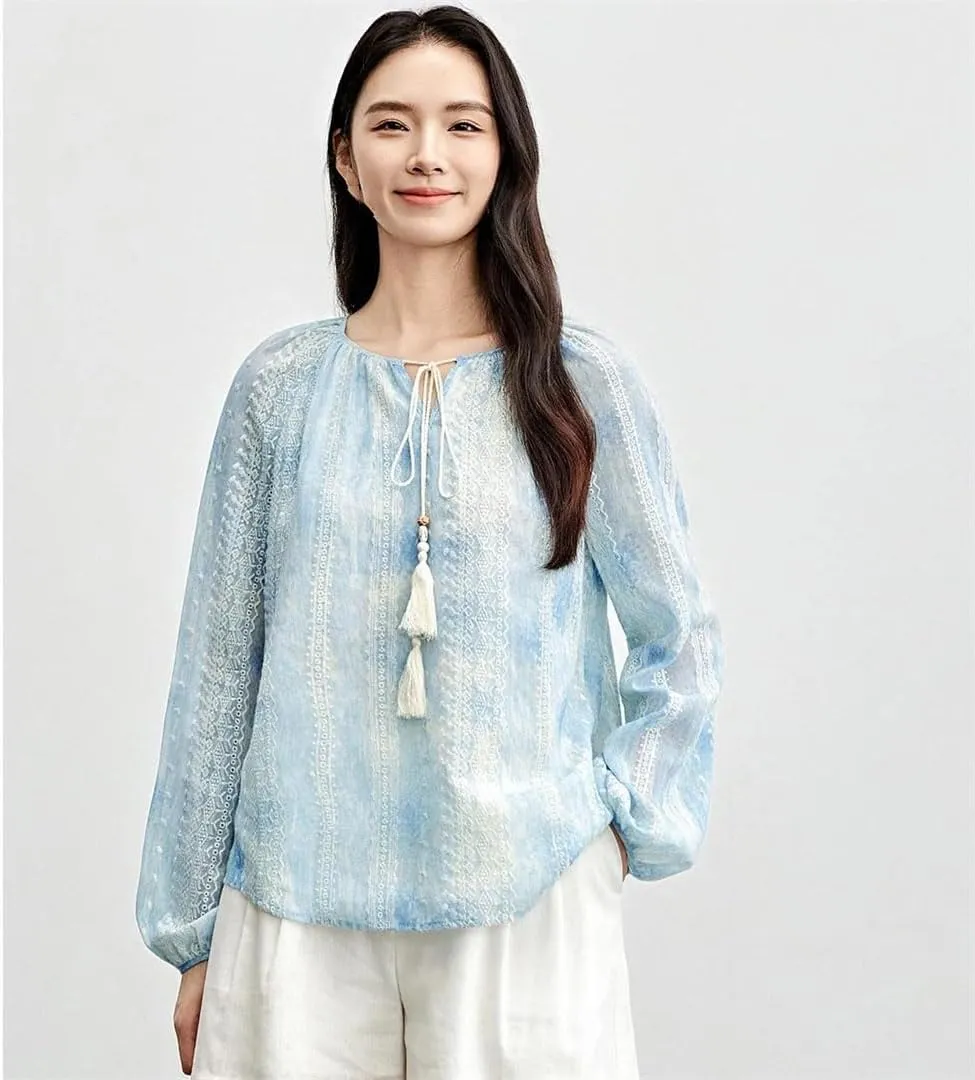 Women Tie Dye Chiffon Blouses Embroidery Tassels V Neck Shirts Long Sleeve Holiday Pullovers Top