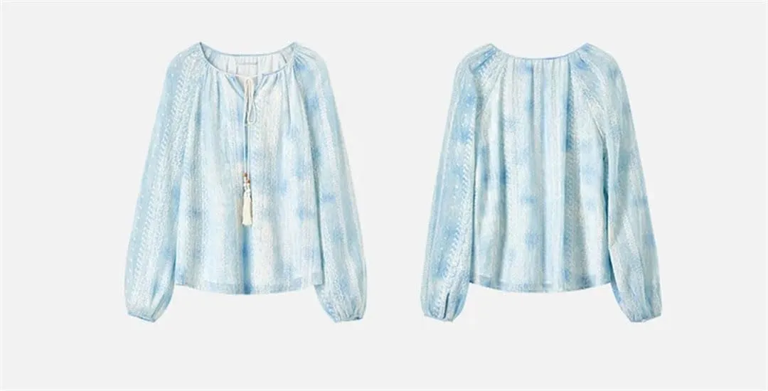 Women Tie Dye Chiffon Blouses Embroidery Tassels V Neck Shirts Long Sleeve Holiday Pullovers Top