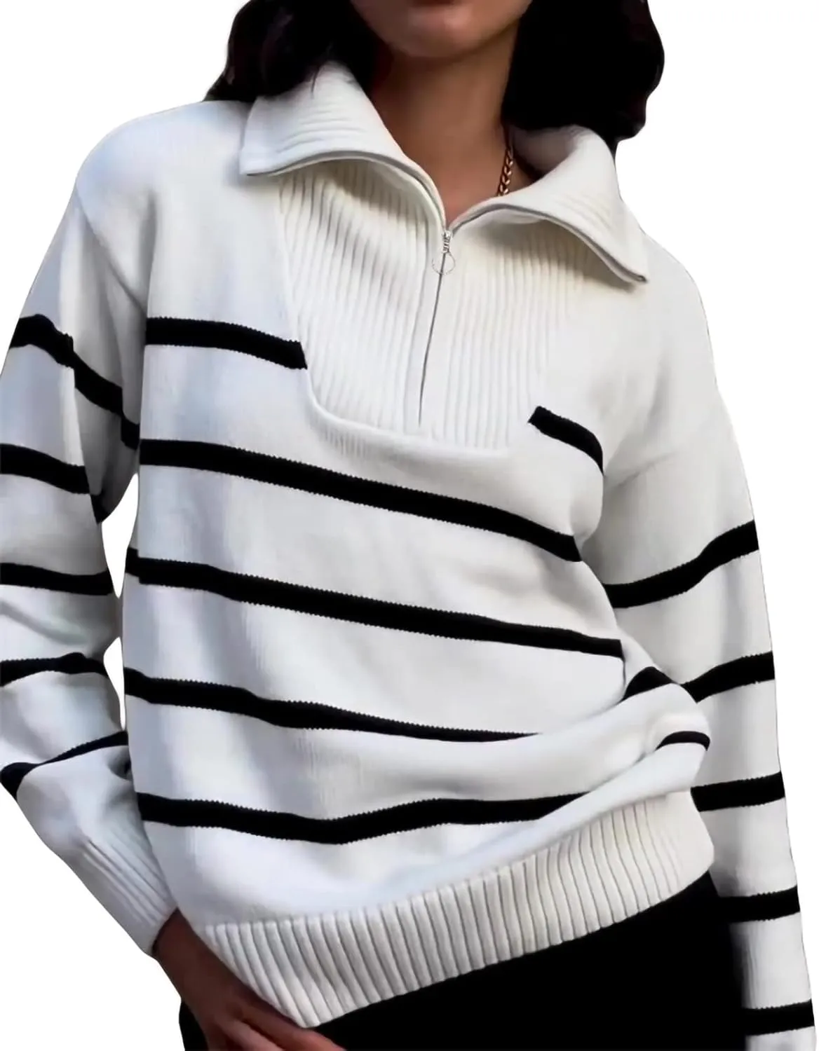 Women Turtleneck Striped Sweaters Oversized Stretch Pullover Sweater Ribbed Half Zipper Knit Jumper Tops Winter Outfits