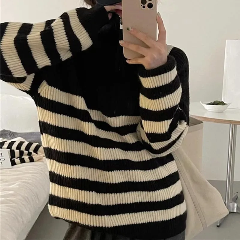 Women Turtleneck Striped Sweaters Oversized Stretch Pullover Sweater Ribbed Half Zipper Knit Jumper Tops Winter Outfits