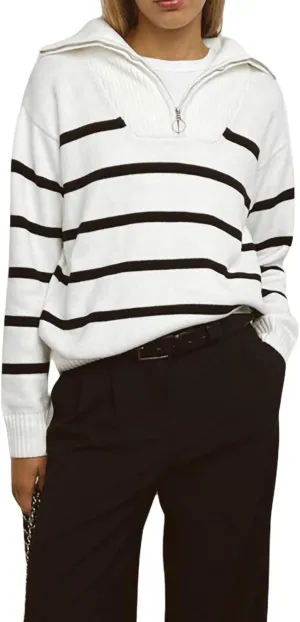Women Turtleneck Striped Sweaters Oversized Stretch Pullover Sweater Ribbed Half Zipper Knit Jumper Tops Winter Outfits