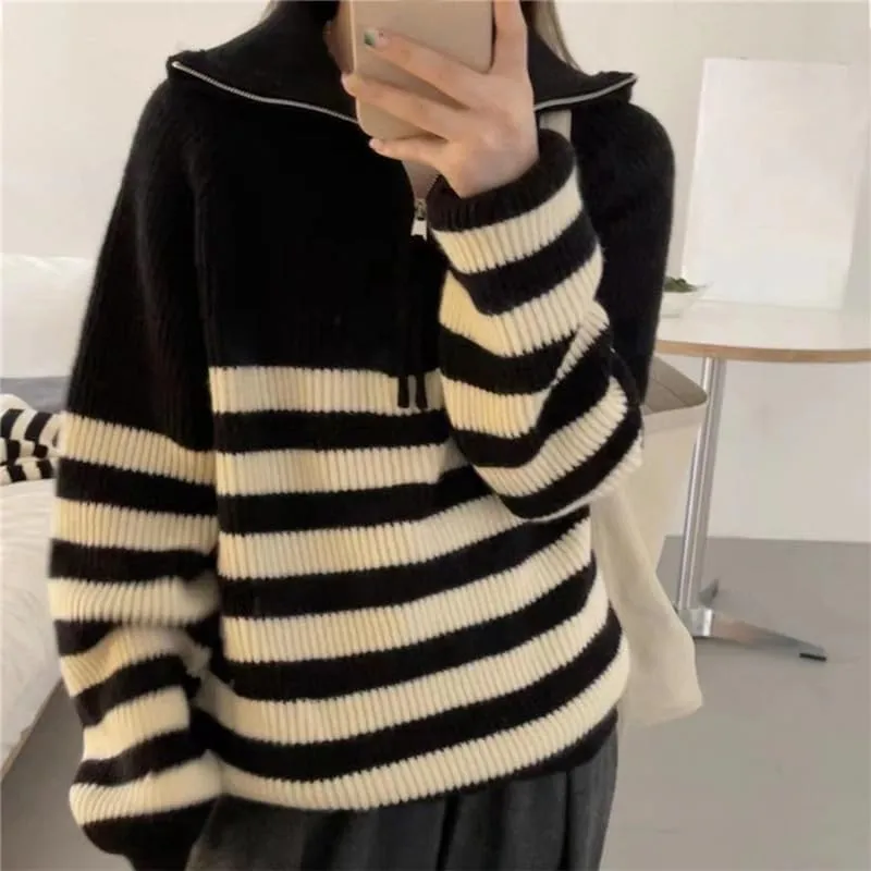 Women Turtleneck Striped Sweaters Oversized Stretch Pullover Sweater Ribbed Half Zipper Knit Jumper Tops Winter Outfits