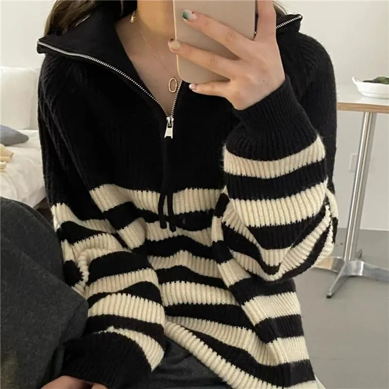 Women Turtleneck Striped Sweaters Oversized Stretch Pullover Sweater Ribbed Half Zipper Knit Jumper Tops Winter Outfits