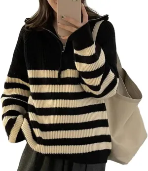 Women Turtleneck Striped Sweaters Oversized Stretch Pullover Sweater Ribbed Half Zipper Knit Jumper Tops Winter Outfits