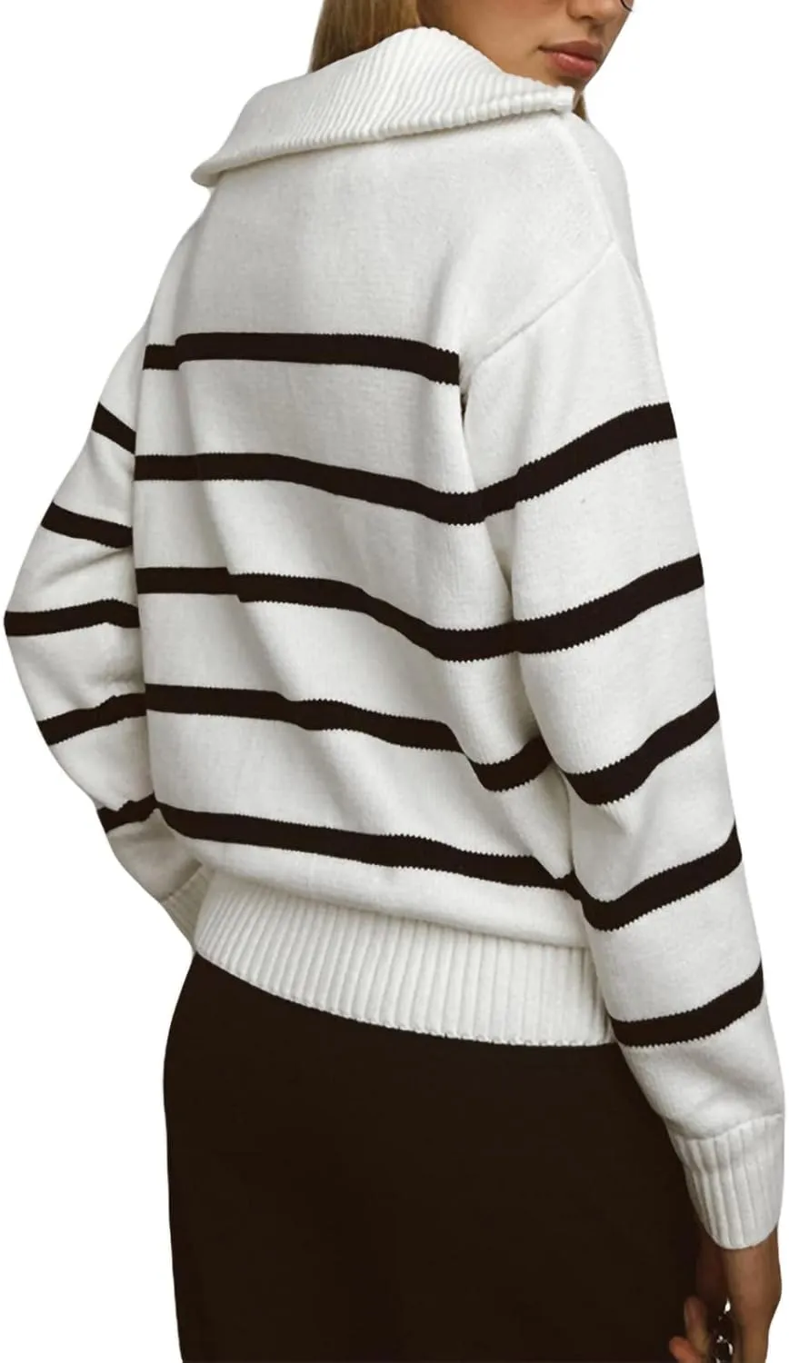 Women Turtleneck Striped Sweaters Oversized Stretch Pullover Sweater Ribbed Half Zipper Knit Jumper Tops Winter Outfits