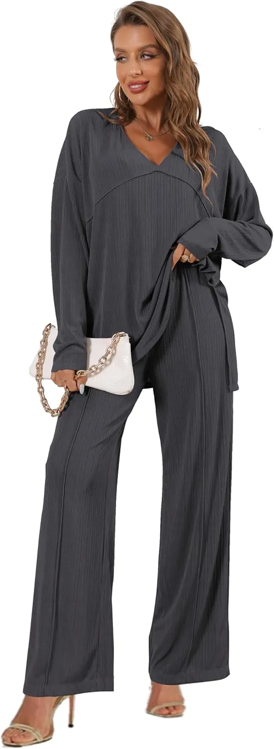 Women's 2 Piece Lounge Set V Neck Casual Ribbed Knit Pajama Set Wide leg pants Pajama Set