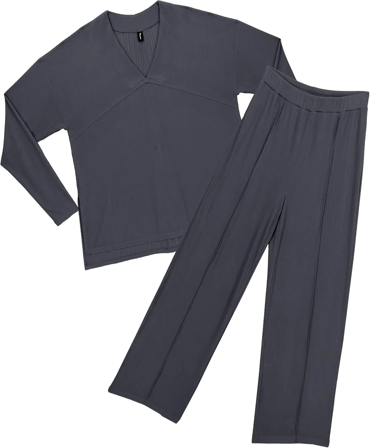 Women's 2 Piece Lounge Set V Neck Casual Ribbed Knit Pajama Set Wide leg pants Pajama Set