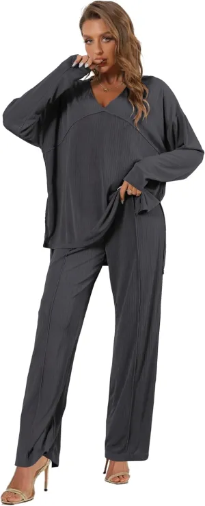 Women's 2 Piece Lounge Set V Neck Casual Ribbed Knit Pajama Set Wide leg pants Pajama Set
