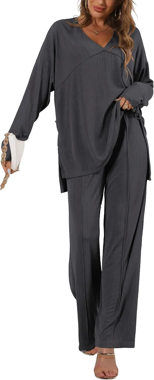 Women's 2 Piece Lounge Set V Neck Casual Ribbed Knit Pajama Set Wide leg pants Pajama Set