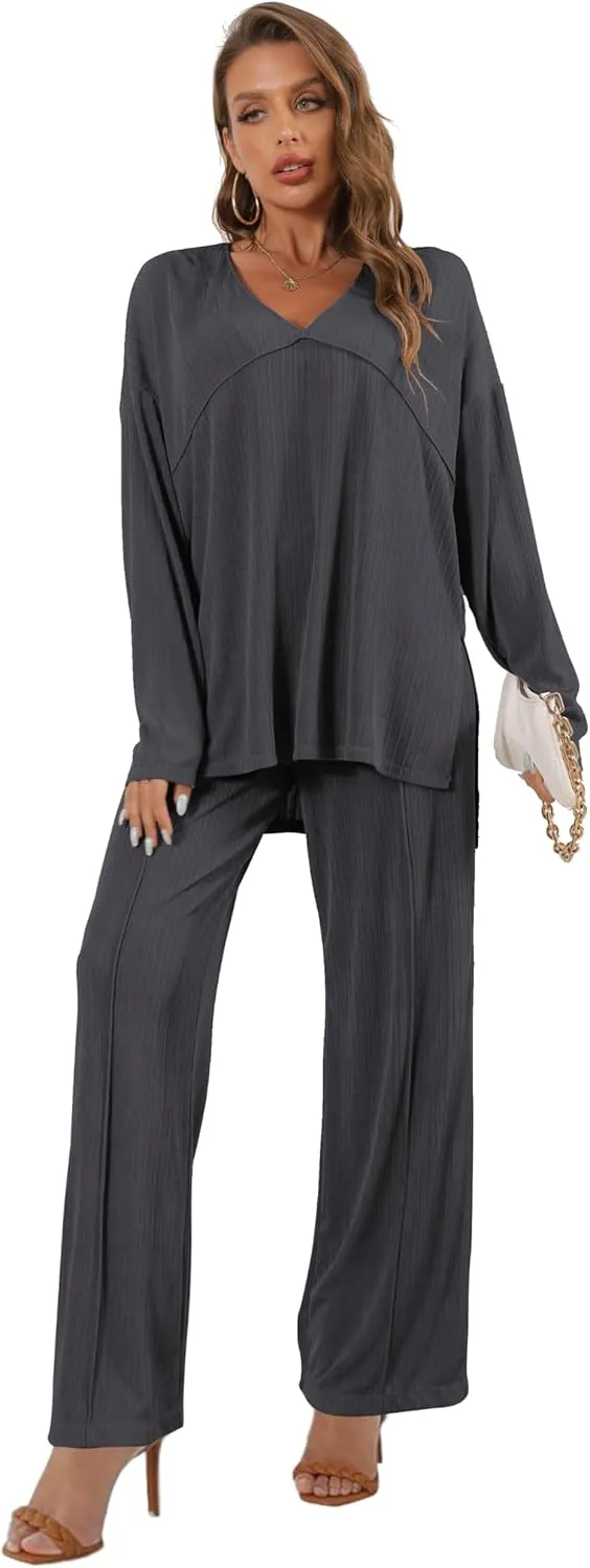 Women's 2 Piece Lounge Set V Neck Casual Ribbed Knit Pajama Set Wide leg pants Pajama Set