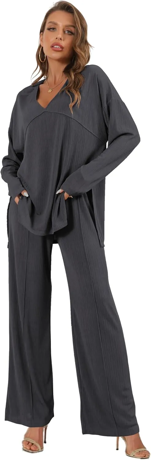 Women's 2 Piece Lounge Set V Neck Casual Ribbed Knit Pajama Set Wide leg pants Pajama Set