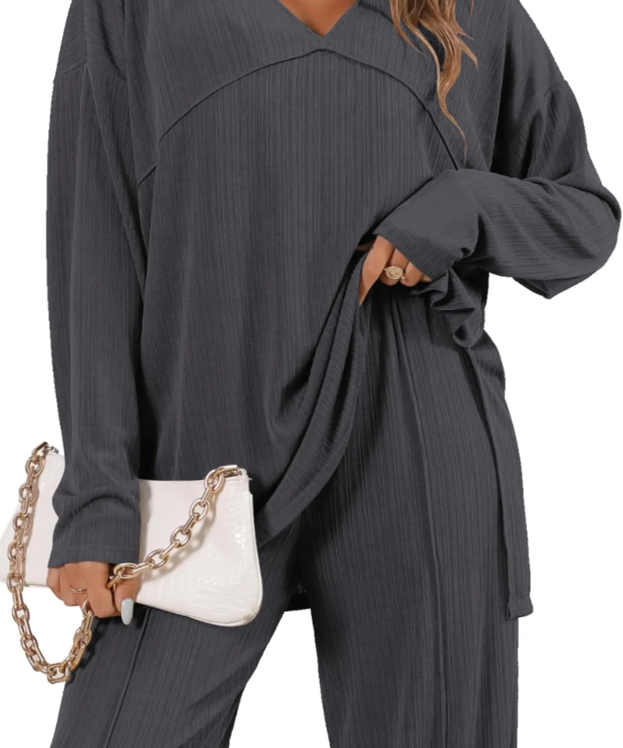 Women's 2 Piece Lounge Set V Neck Casual Ribbed Knit Pajama Set Wide leg pants Pajama Set