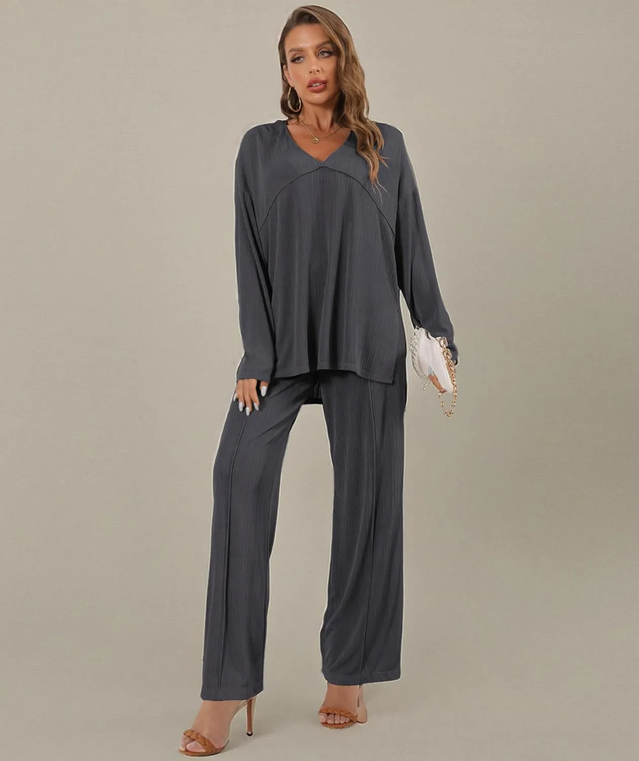 Women's 2 Piece Lounge Set V Neck Casual Ribbed Knit Pajama Set Wide leg pants Pajama Set