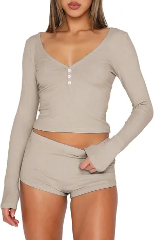 Womens 2 Piece Y2K Pajamas Set Long Sleeve Cropped Top Button Down V Neck Slim Fitted Shorts PJs Outfits Lounge Sets
