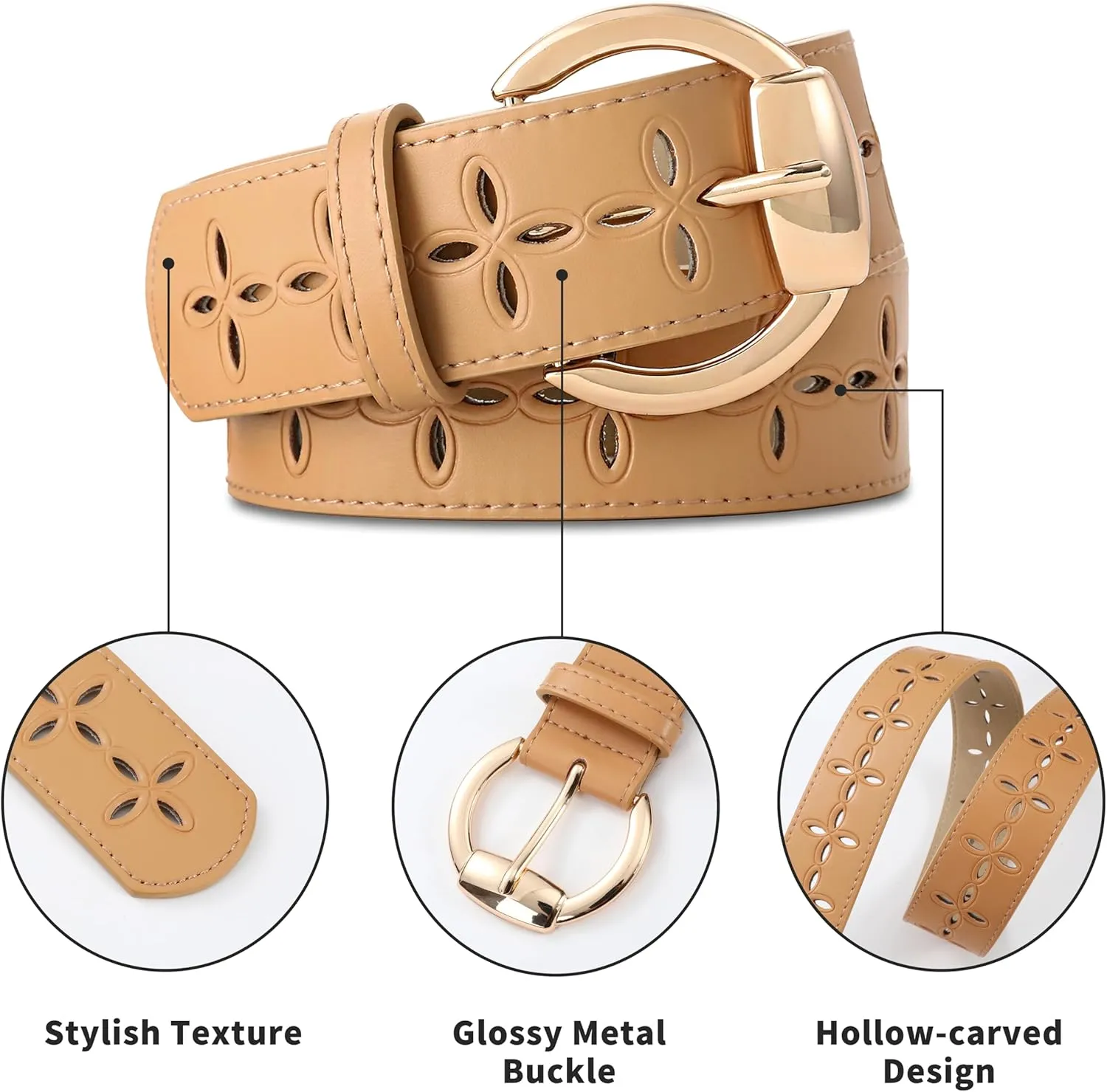 Women's Black Leather Belt with Gold Buckle Hollow Women's Belt Stylish Accessory for Dresses Skirts Jeans