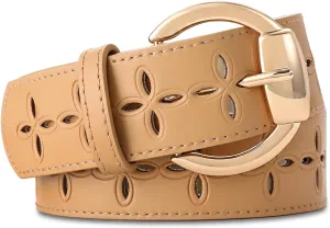 Women's Black Leather Belt with Gold Buckle Hollow Women's Belt Stylish Accessory for Dresses Skirts Jeans