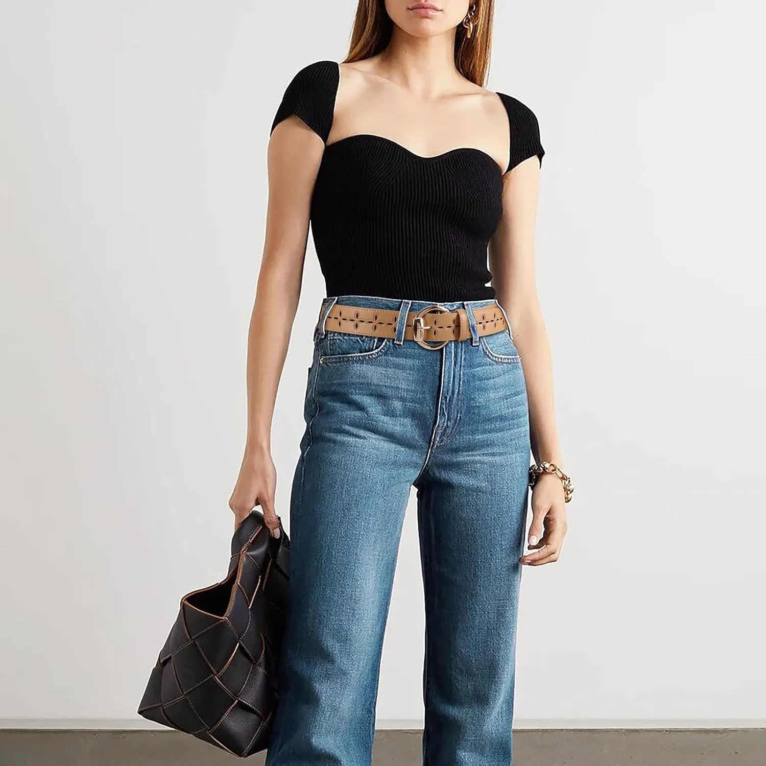 Women's Black Leather Belt with Gold Buckle Hollow Women's Belt Stylish Accessory for Dresses Skirts Jeans