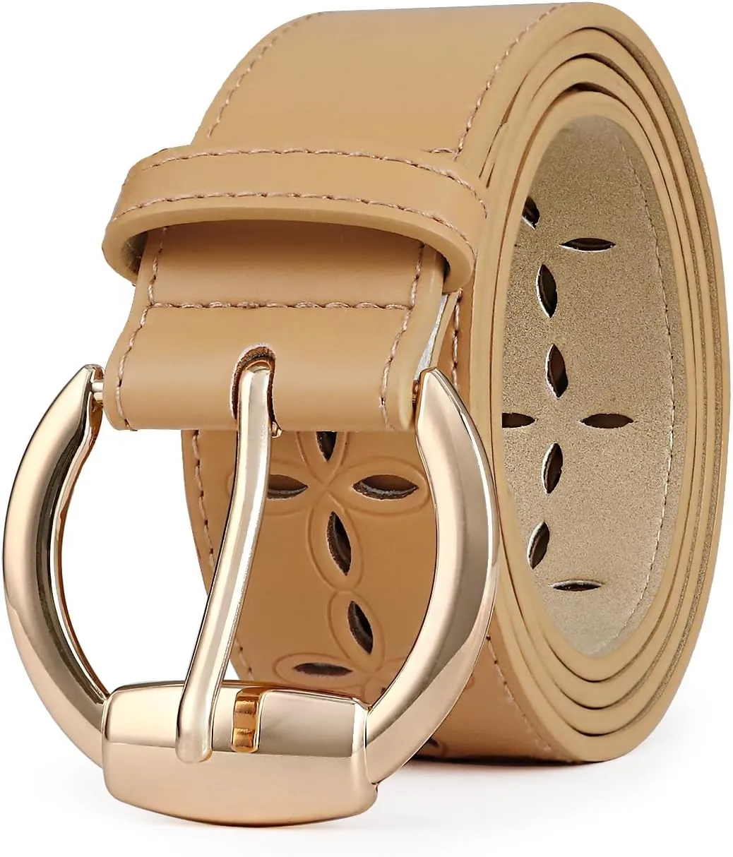 Women's Black Leather Belt with Gold Buckle Hollow Women's Belt Stylish Accessory for Dresses Skirts Jeans