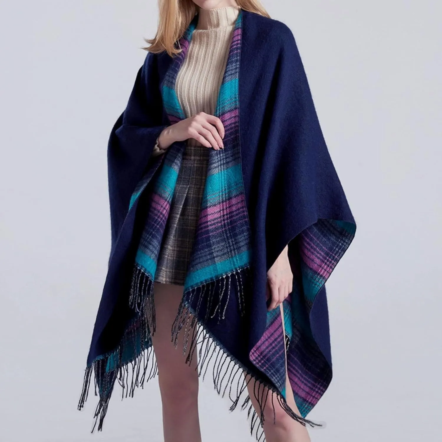 Women's Boho Open Front Poncho Cape Fall Winter Knitted Warm Plaid Pashmina Shawl Wrap Cape Tassel Cardigan Sweater