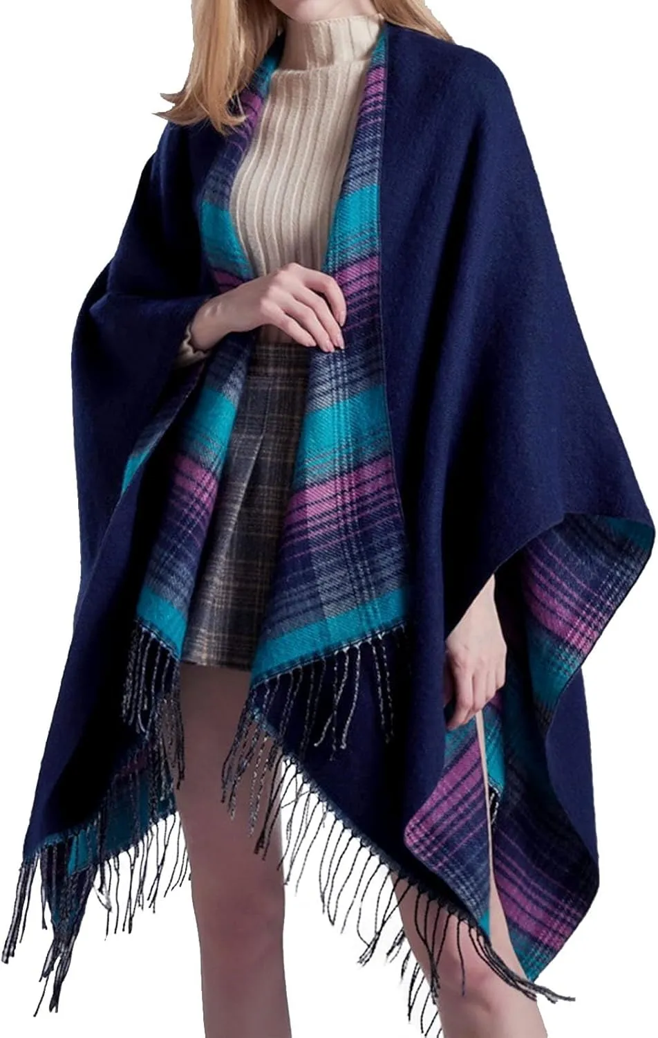 Women's Boho Open Front Poncho Cape Fall Winter Knitted Warm Plaid Pashmina Shawl Wrap Cape Tassel Cardigan Sweater