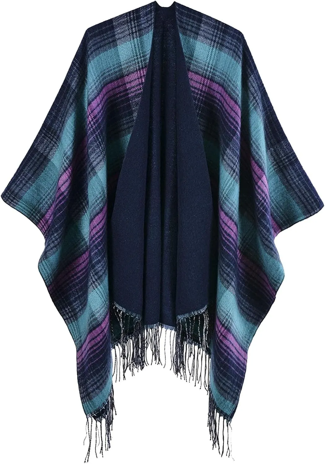Women's Boho Open Front Poncho Cape Fall Winter Knitted Warm Plaid Pashmina Shawl Wrap Cape Tassel Cardigan Sweater