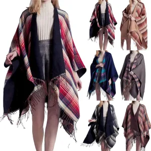 Women's Boho Open Front Poncho Cape Fall Winter Knitted Warm Plaid Pashmina Shawl Wrap Cape Tassel Cardigan Sweater