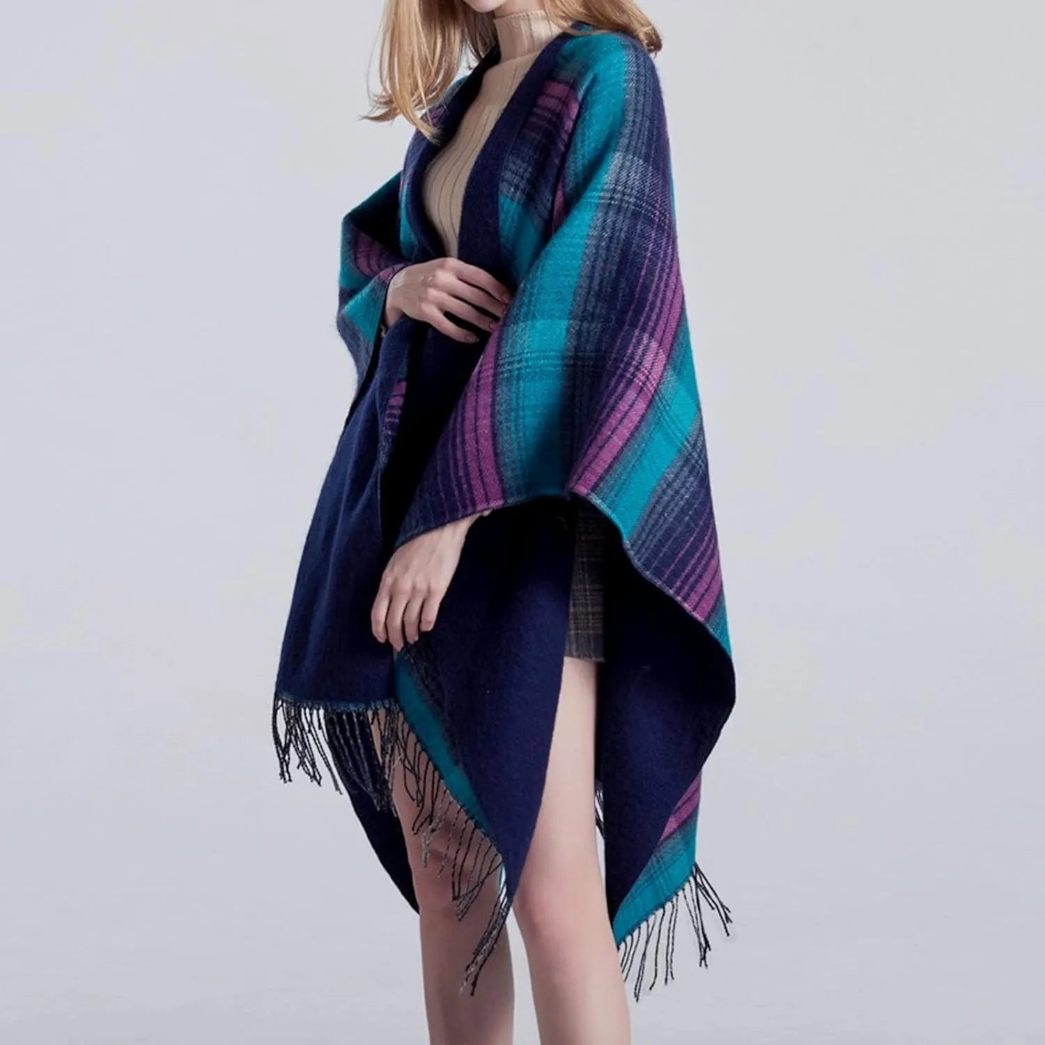 Women's Boho Open Front Poncho Cape Fall Winter Knitted Warm Plaid Pashmina Shawl Wrap Cape Tassel Cardigan Sweater
