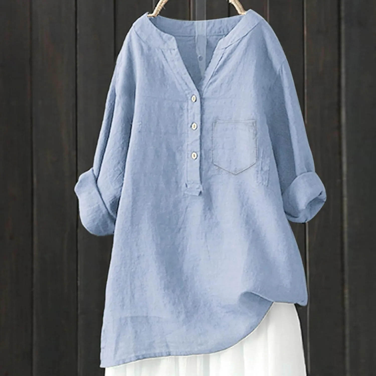 Womens Button Shirts Linen Roll Up Cuffed Sleeve V Neck Soft Shirts Casual Loose Plain Solid Blouses Tops