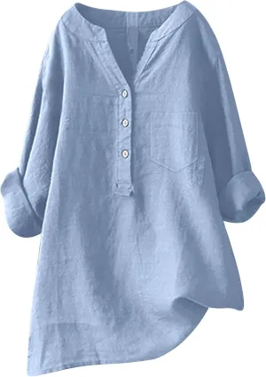 Womens Button Shirts Linen Roll Up Cuffed Sleeve V Neck Soft Shirts Casual Loose Plain Solid Blouses Tops