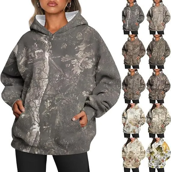 Womens Camo Hoodie Maple Leaf Print Fleece Pullover, Fashion Tie Dye Casual Fall Tops Hooded Sweatshirts, Oversized Outerwear