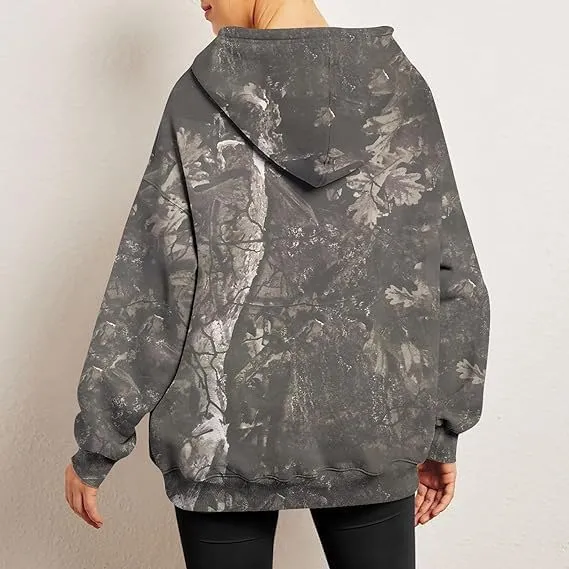 Womens Camo Hoodie Maple Leaf Print Fleece Pullover, Fashion Tie Dye Casual Fall Tops Hooded Sweatshirts, Oversized Outerwear