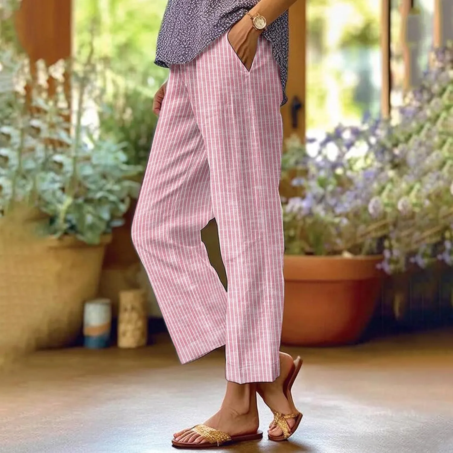 Women's Casual Boho Floral Print Cotton Linen Pants Elastic Waisted Drawstring Summer Spring Beach Baggy Capri