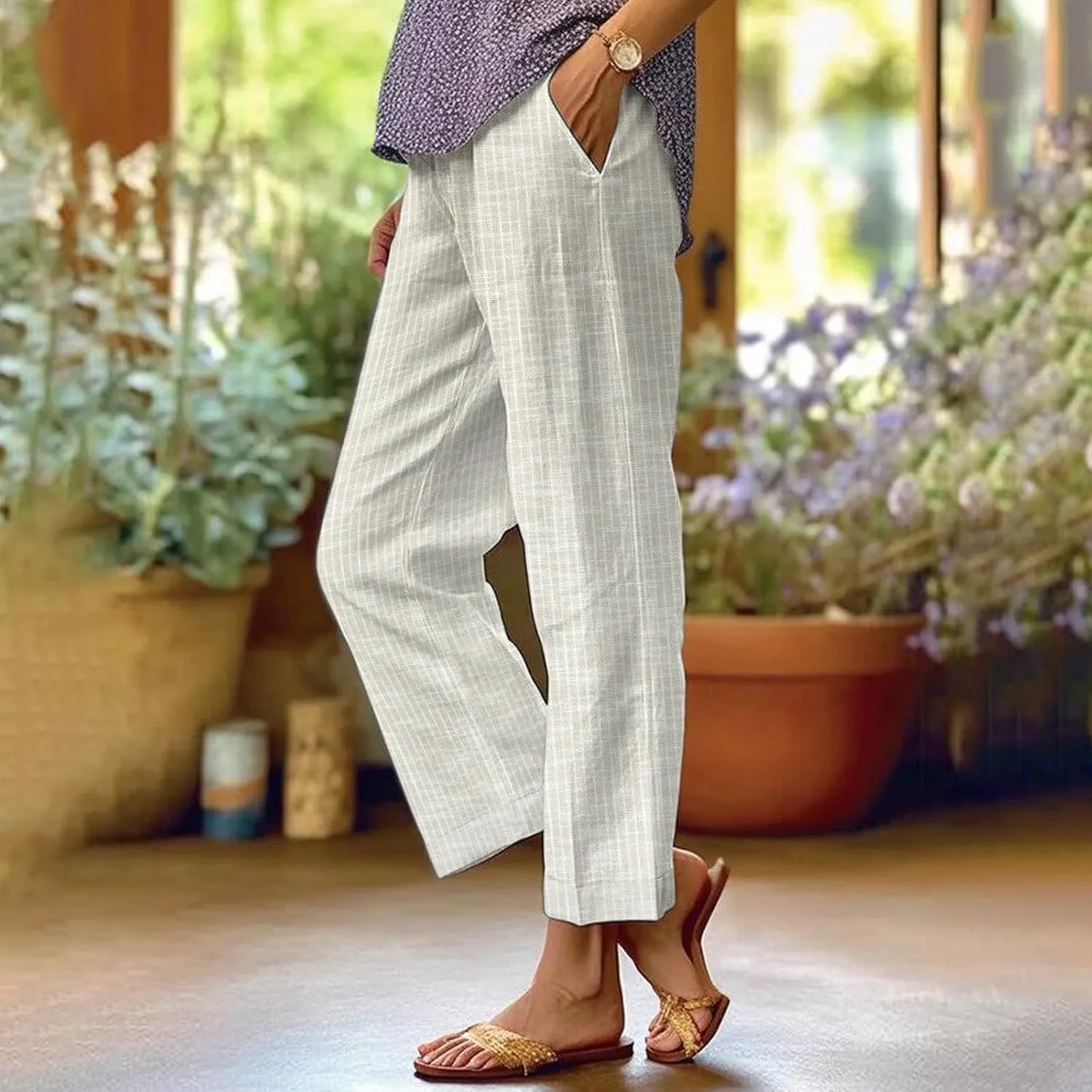 Women's Casual Boho Floral Print Cotton Linen Pants Elastic Waisted Drawstring Summer Spring Beach Baggy Capri