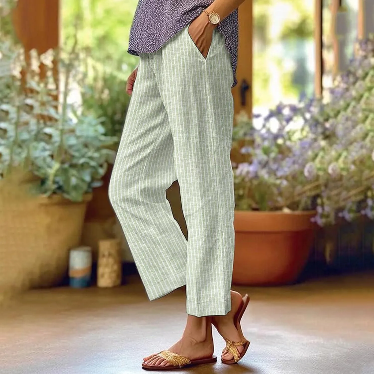 Women's Casual Boho Floral Print Cotton Linen Pants Elastic Waisted Drawstring Summer Spring Beach Baggy Capri